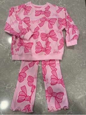 Barbie Girls 4T Pink Bow Print Sweatshirt Flare Pants Set NWOT Pajamas